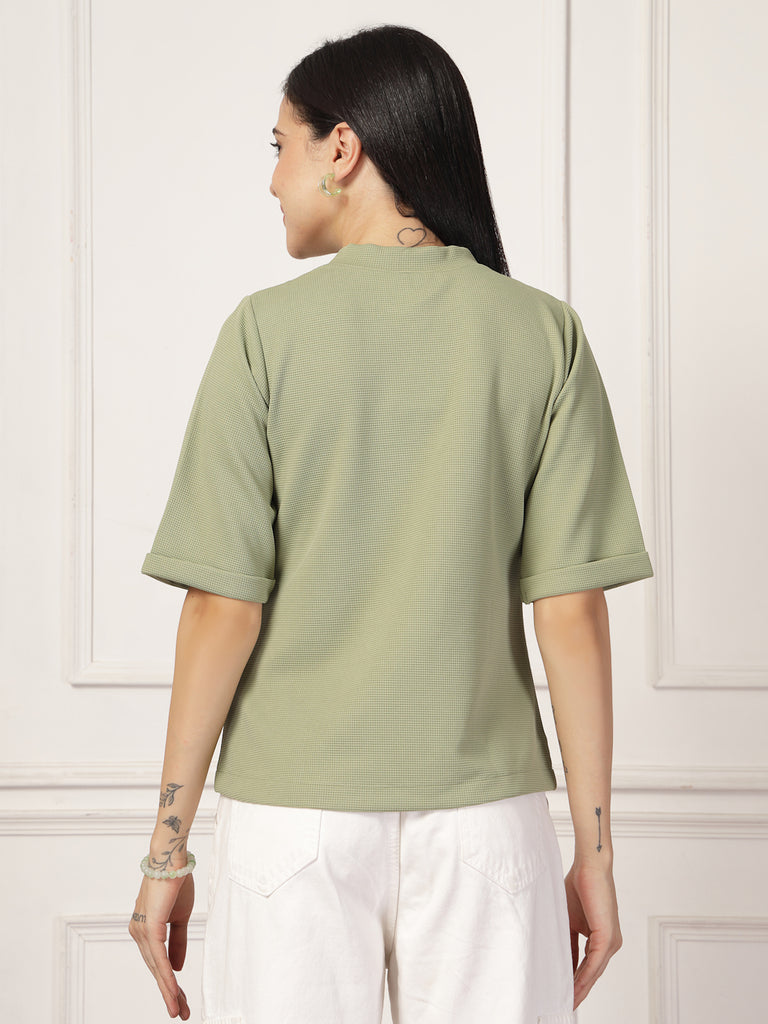 Style Quotient Women Solid Texture Sage Green Polyester Top-Tops-StyleQuotient