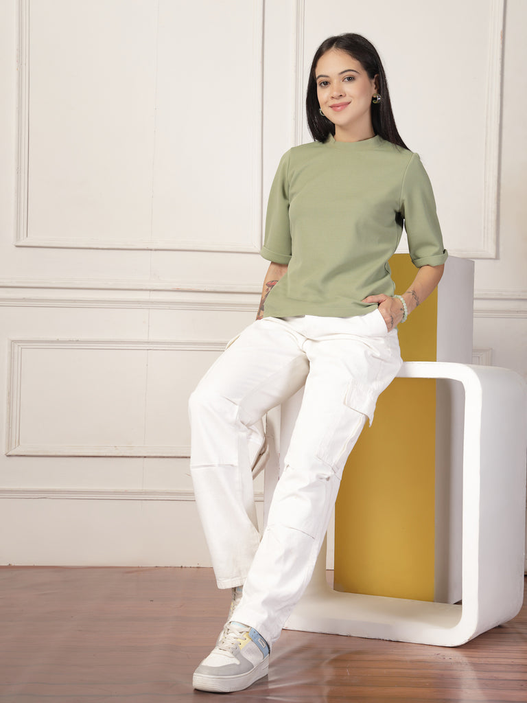 Style Quotient Women Solid Texture Sage Green Polyester Top-Tops-StyleQuotient