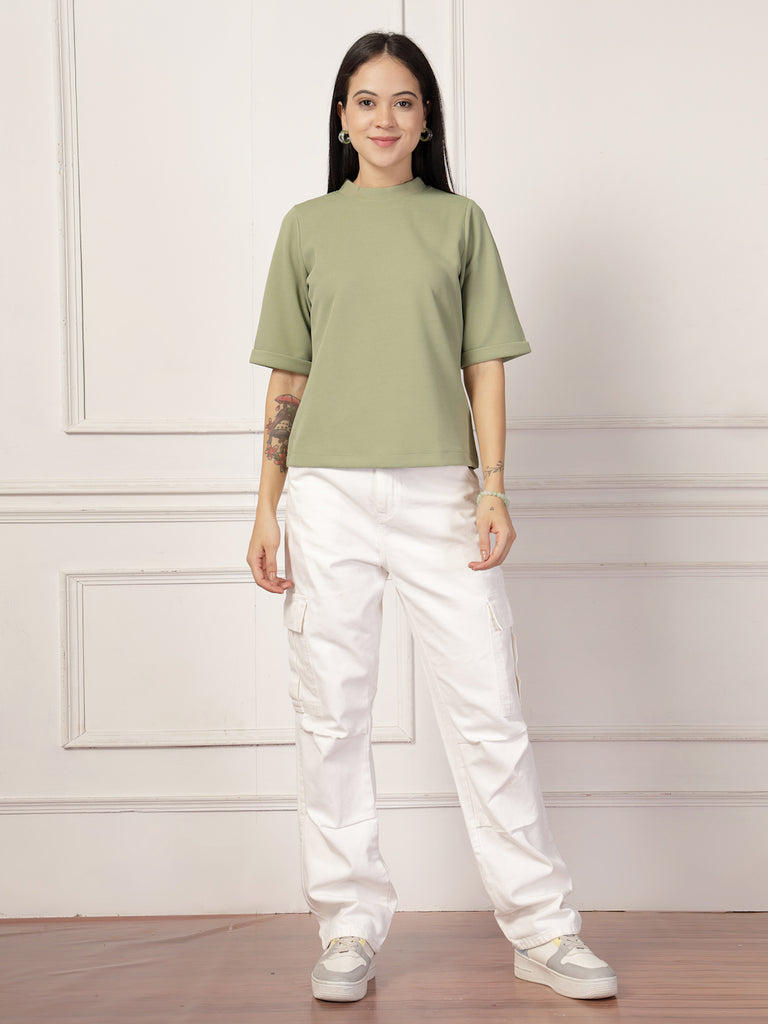 Style Quotient Women Solid Texture Sage Green Polyester Top-Tops-StyleQuotient