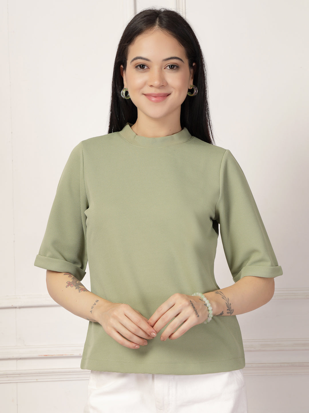 Style Quotient Women Solid Texture Sage Green Polyester Top-Tops-StyleQuotient
