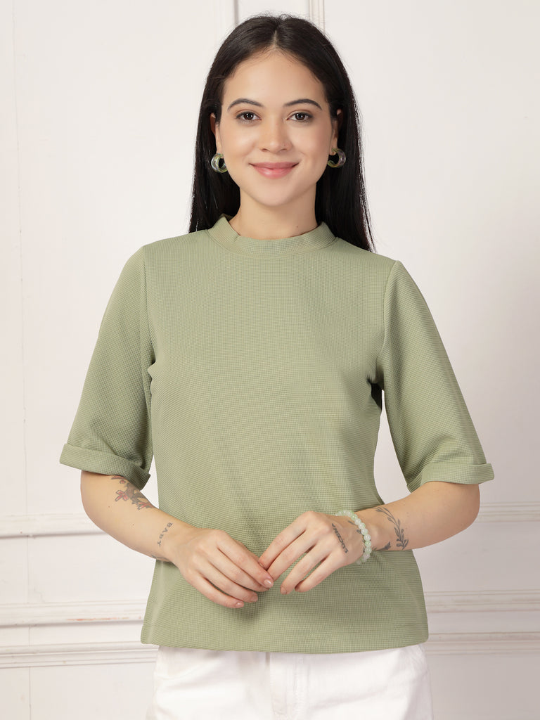 Style Quotient Women Solid Texture Sage Green Polyester Top-Tops-StyleQuotient