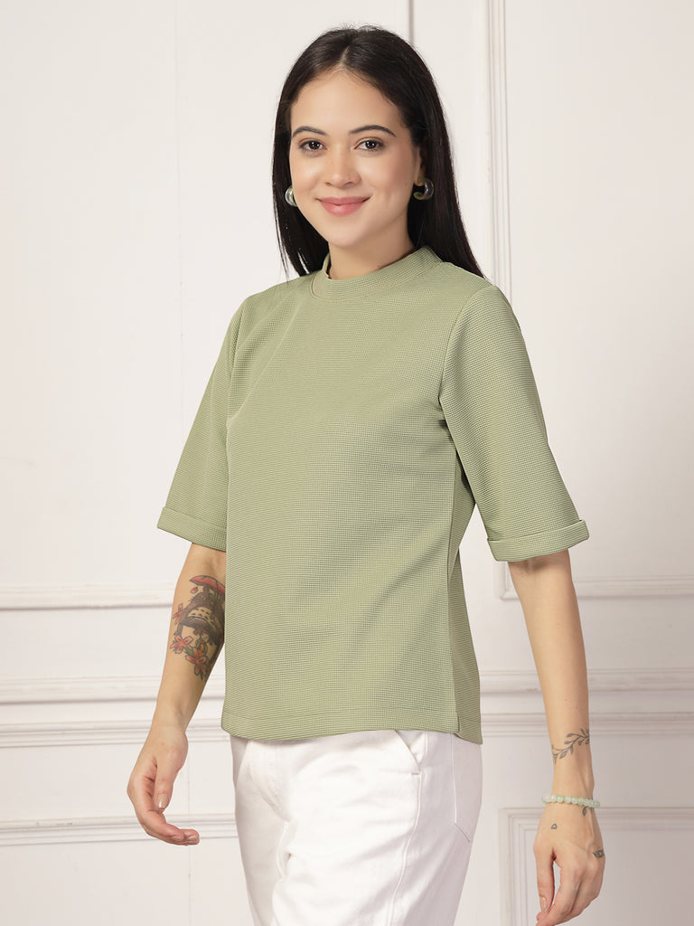 Style Quotient Women Solid Texture Sage Green Polyester Top-Tops-StyleQuotient