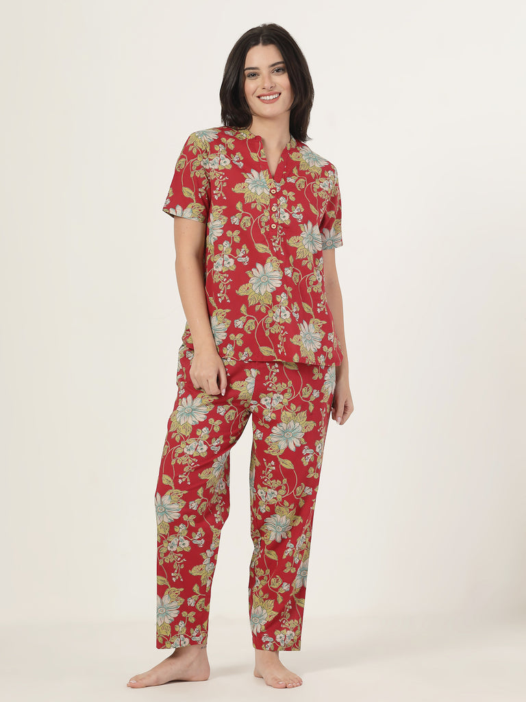 Style Quotient Women Red printed night suit-Women Night Suit-StyleQuotient