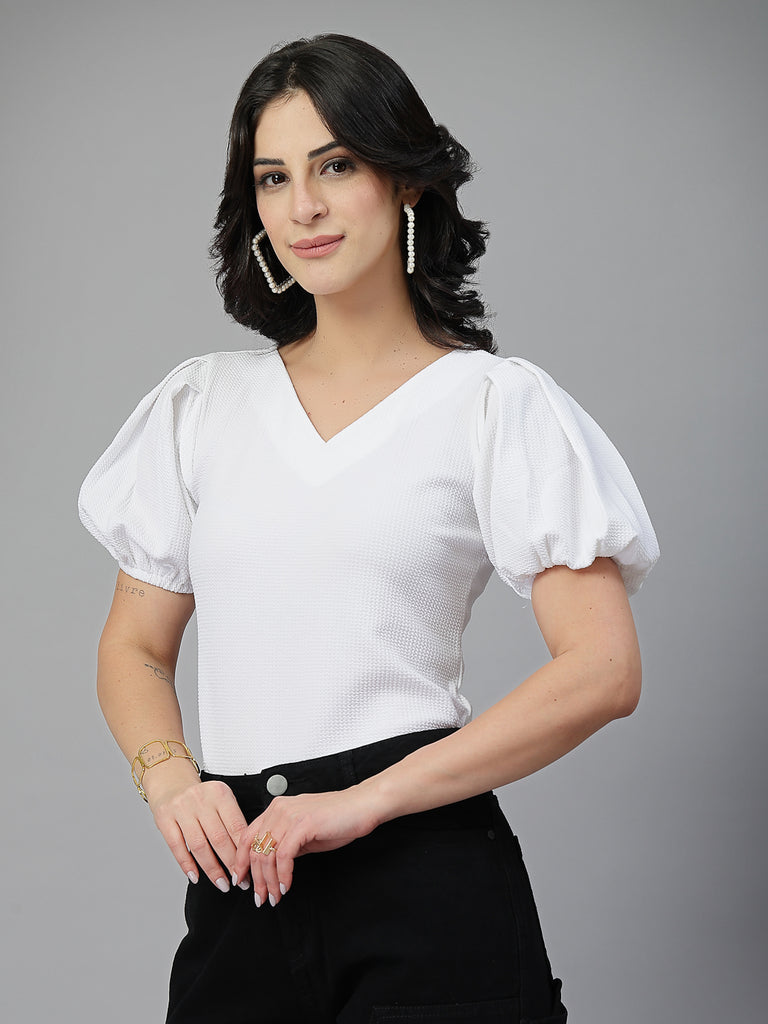 Style Quotient Women White Knit Top-Tops-StyleQuotient