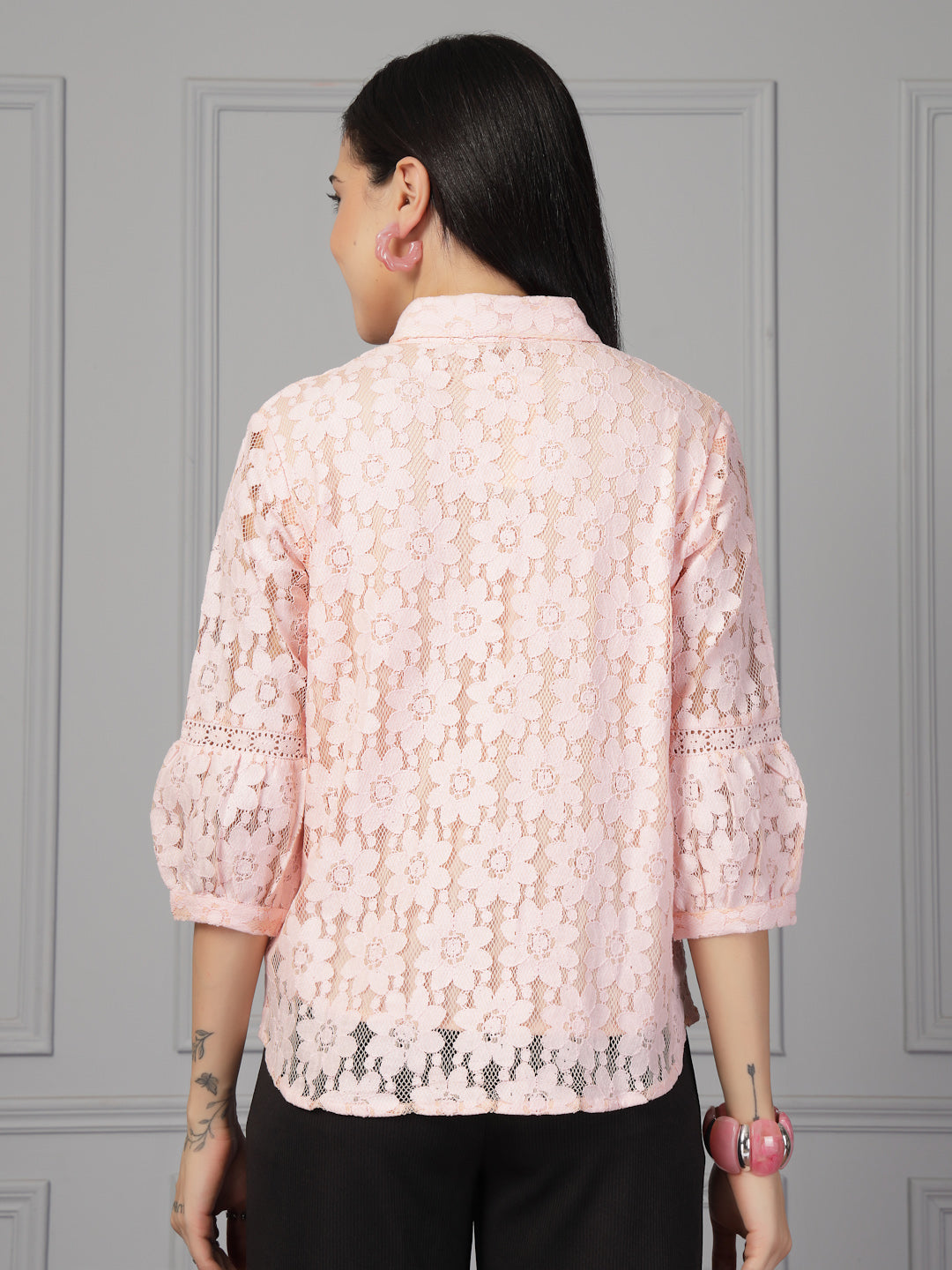 Style Quotient Women Peach Lace Shirt-Shirts-StyleQuotient