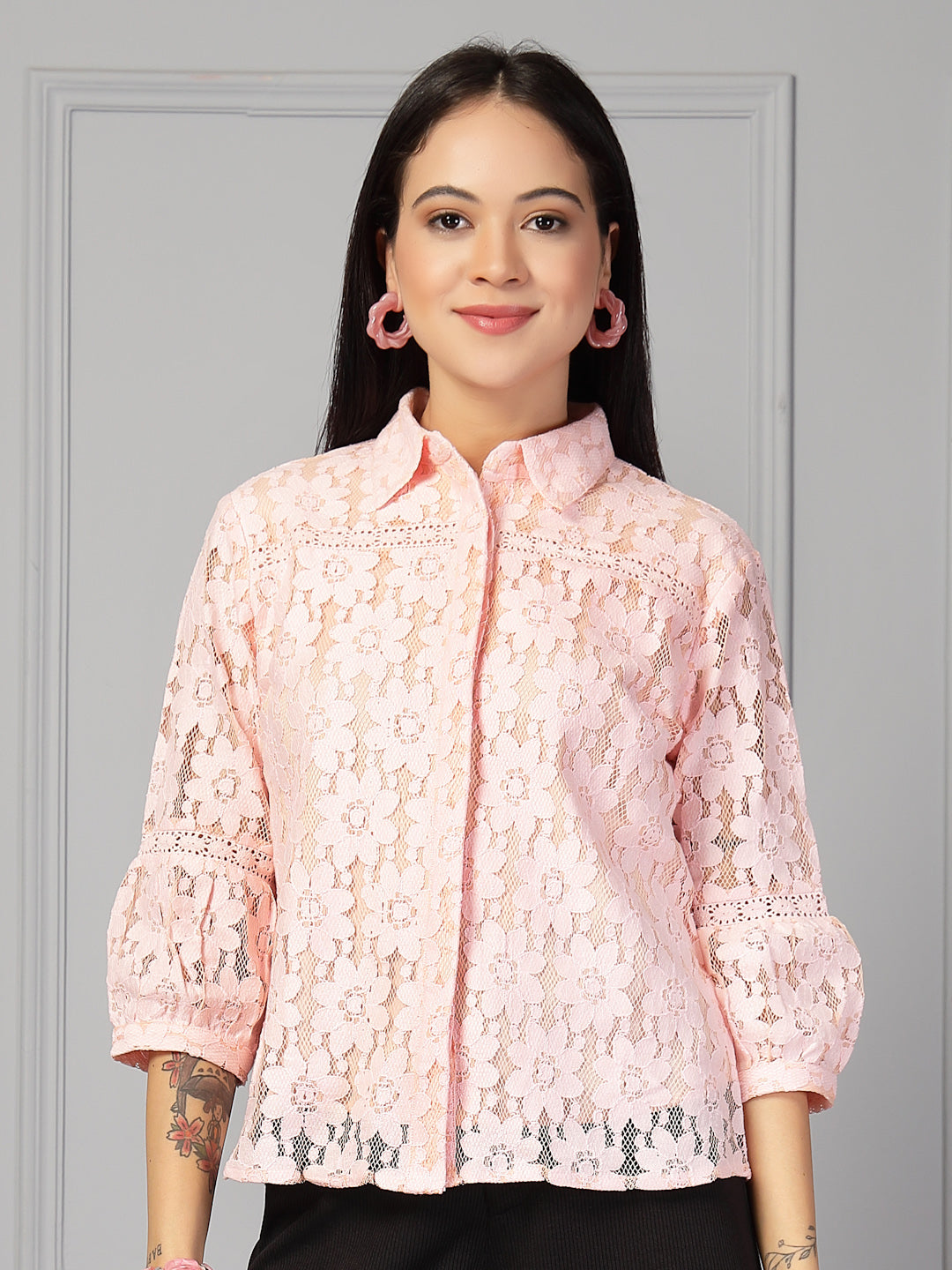 Style Quotient Women Peach Lace Shirt-Shirts-StyleQuotient
