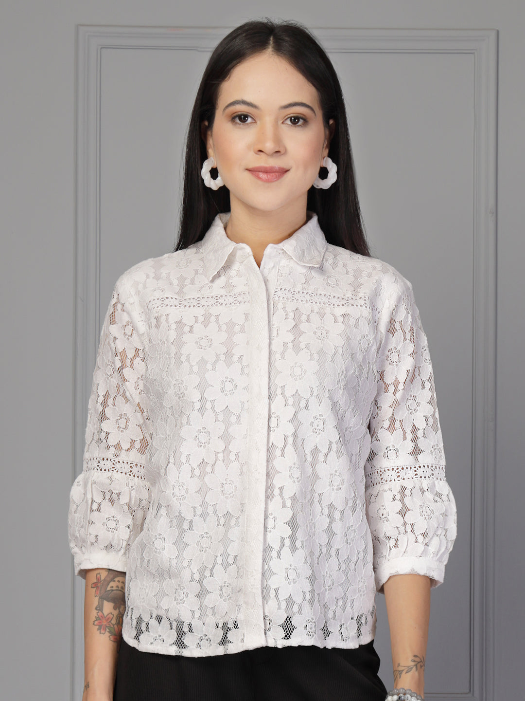 Style Quotient Women White Lace Shirt-Shirts-StyleQuotient