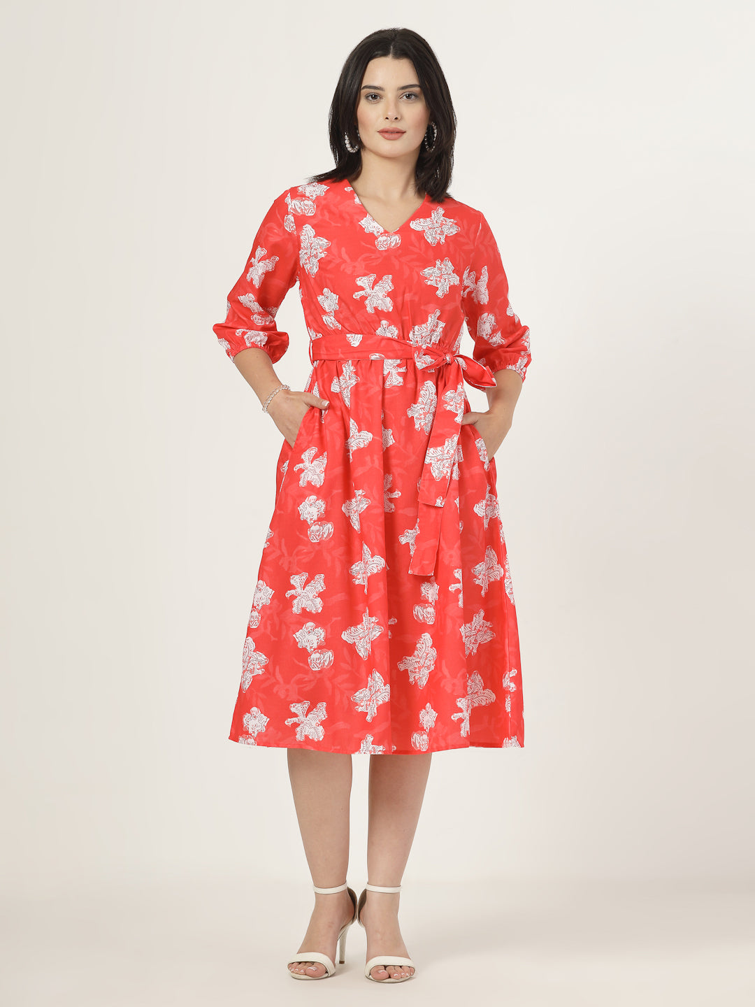 Style Quotient Women Red Printed Dress with tie-up belt-Dresses-StyleQuotient