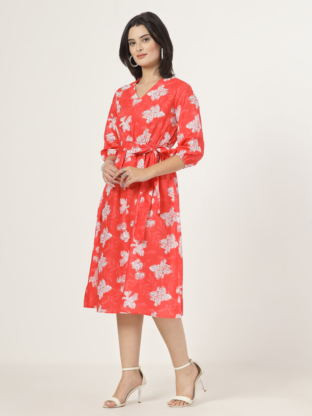 Style Quotient Women Red Printed Dress with tie-up belt-Dresses-StyleQuotient