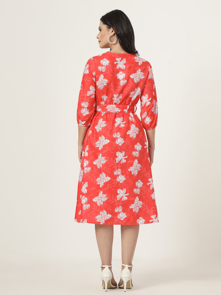 Style Quotient Women Red Printed Dress with tie-up belt-Dresses-StyleQuotient