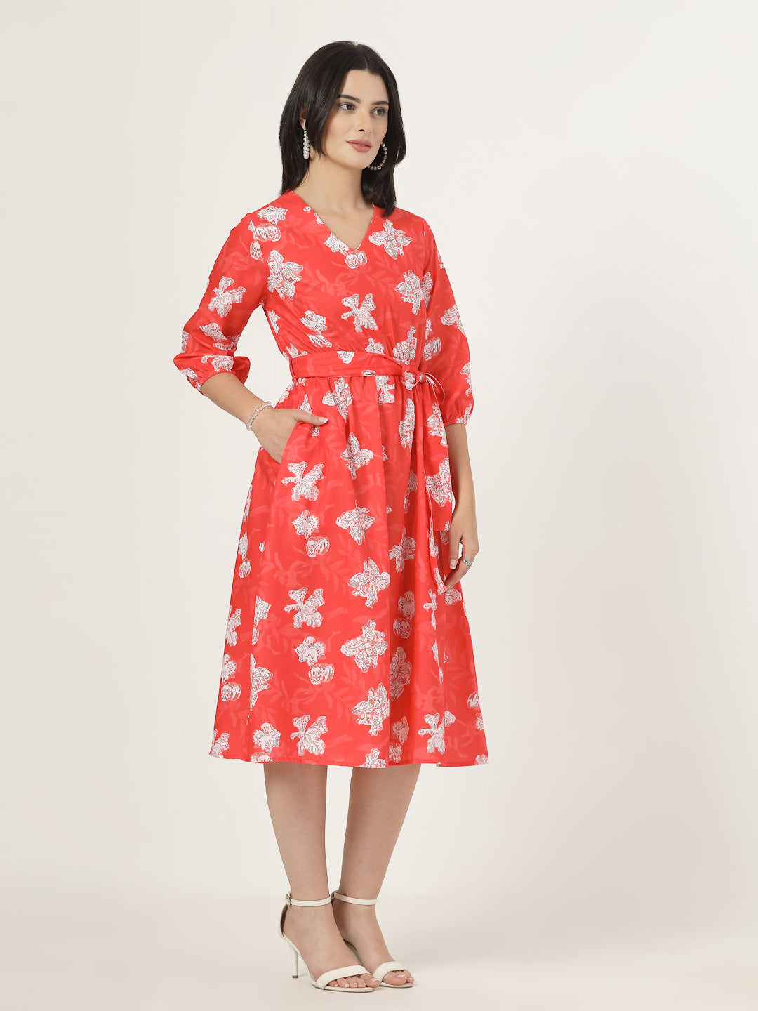 Style Quotient Women Red Printed Dress with tie-up belt-Dresses-StyleQuotient