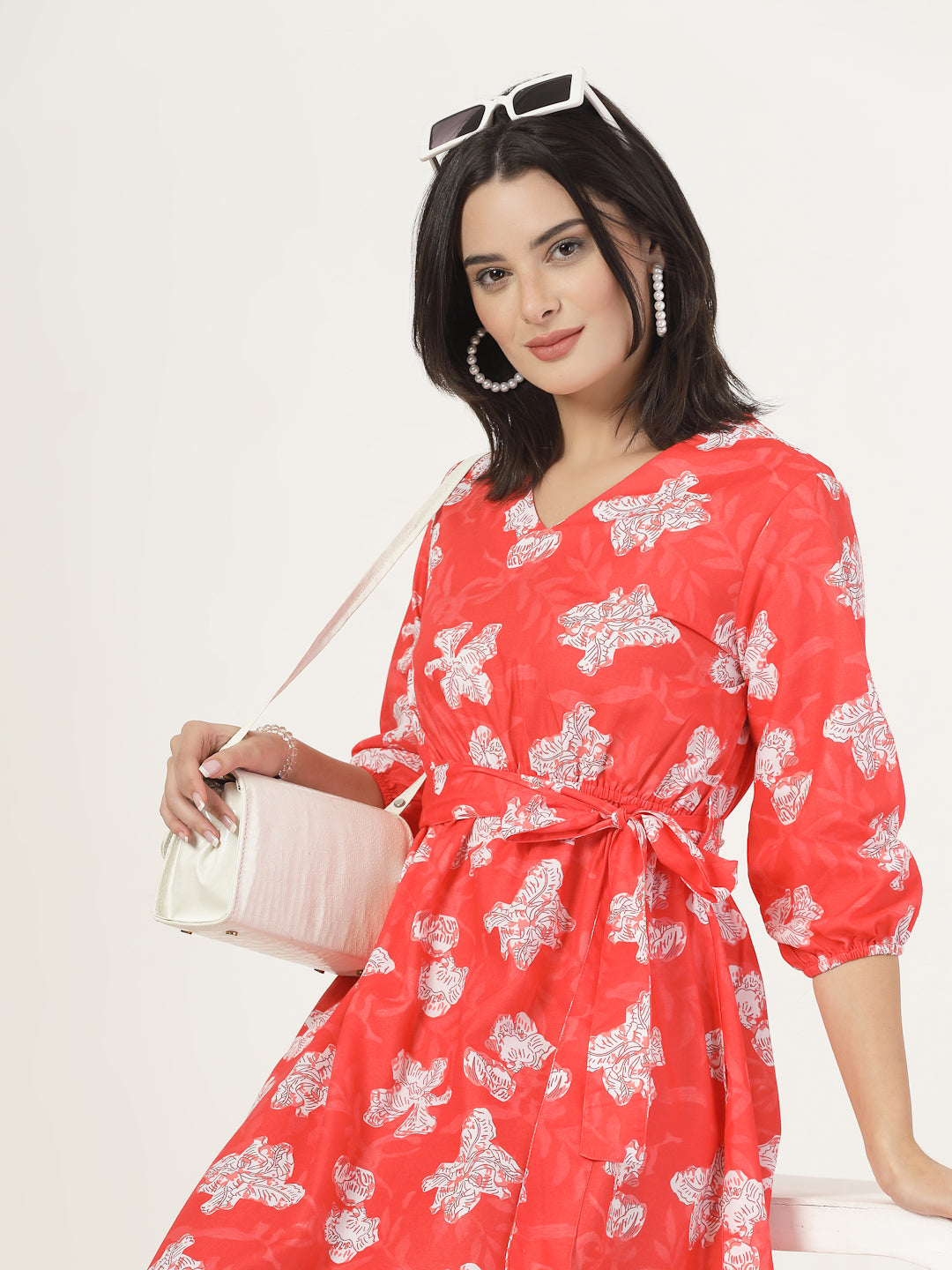 Style Quotient Women Red Printed Dress with tie-up belt-Dresses-StyleQuotient