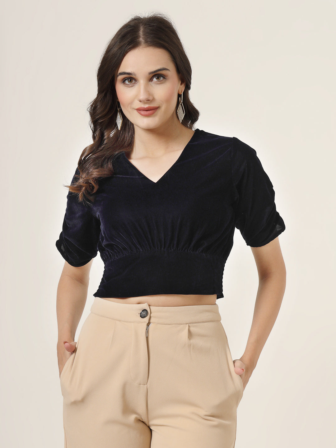 Style Quotient Women Navy Velvet Crop top-Tops-StyleQuotient