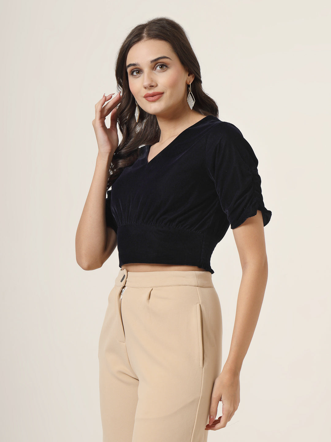 Style Quotient Women Navy Velvet Crop top-Tops-StyleQuotient