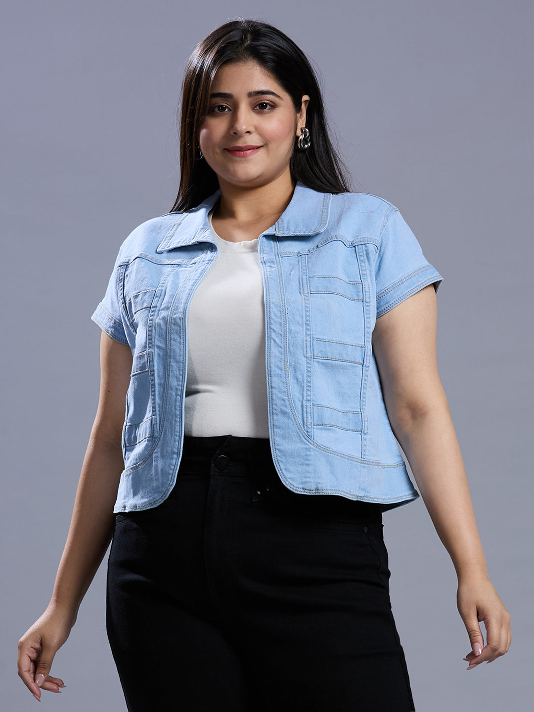 Style Quotient Women Light Blue Open Front Plus Denim Shrug-Shrug-StyleQuotient