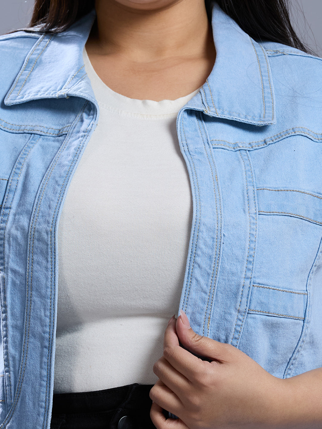 Style Quotient Women Light Blue Open Front Plus Denim Shrug-Shrug-StyleQuotient