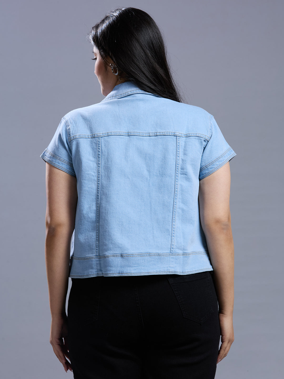 Style Quotient Women Light Blue Open Front Plus Denim Shrug-Shrug-StyleQuotient