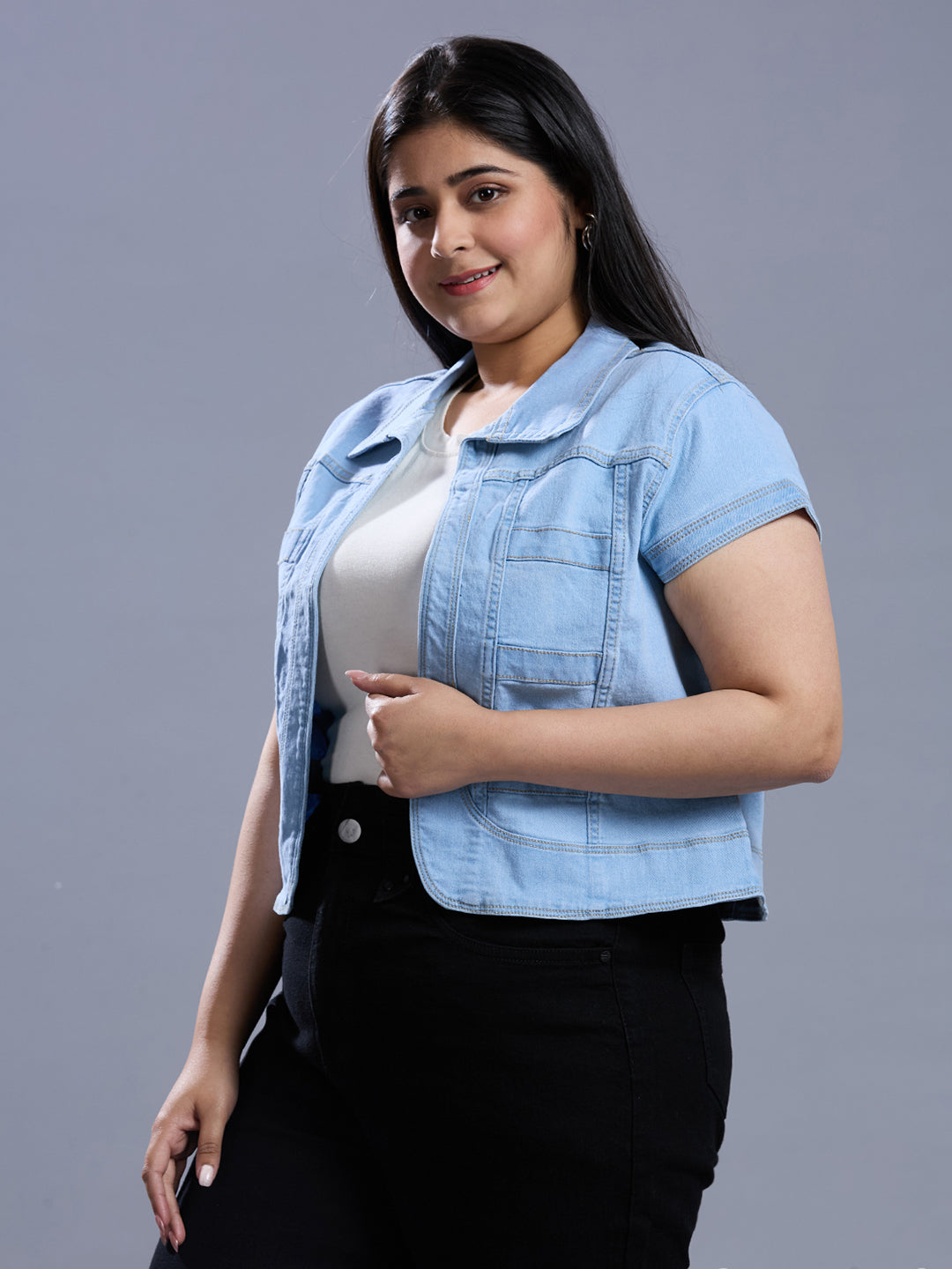 Style Quotient Women Light Blue Open Front Plus Denim Shrug-Shrug-StyleQuotient