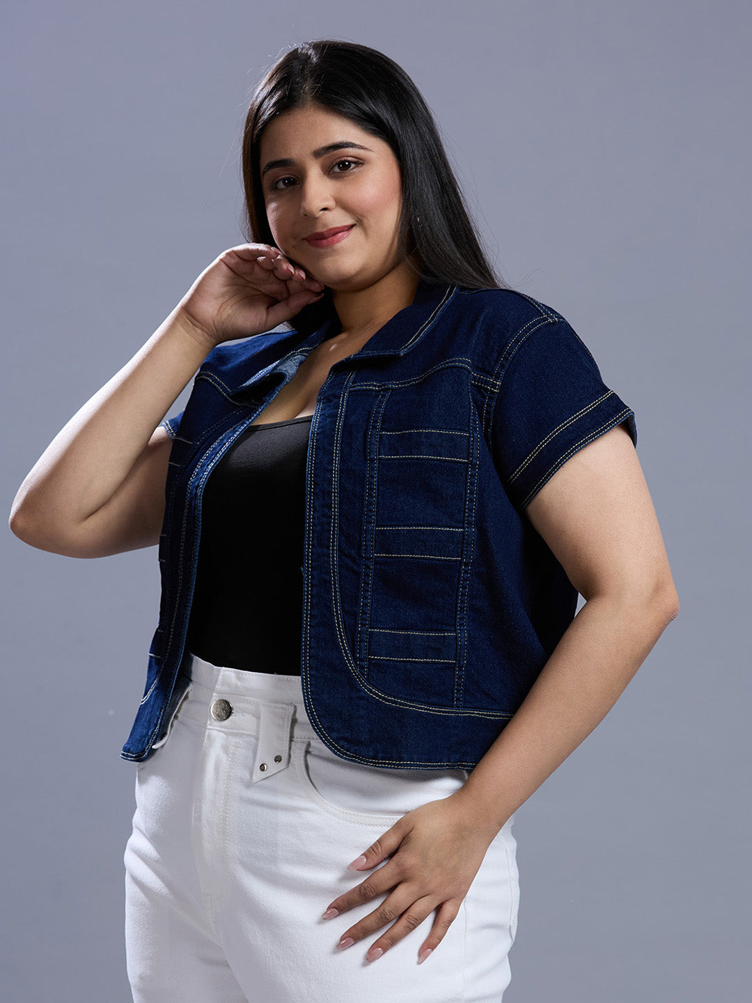 Style Quotient Women Dark Blue Open Front Plus Denim Shrug-Shrug-StyleQuotient