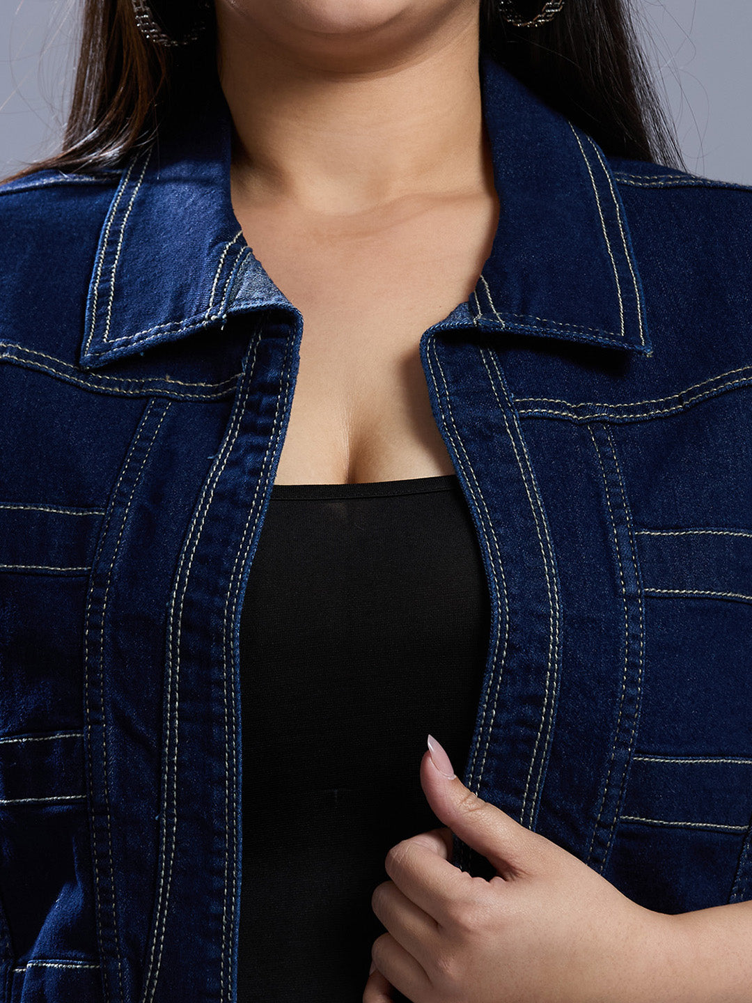 Style Quotient Women Dark Blue Open Front Plus Denim Shrug-Shrug-StyleQuotient