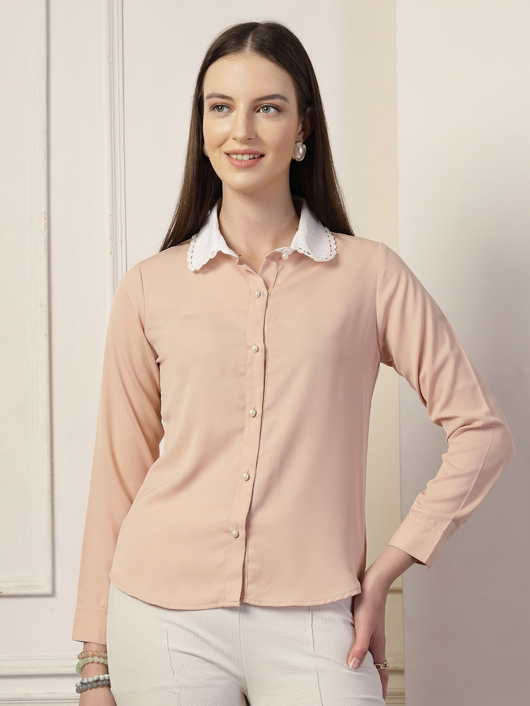 Style Quotient Women Nude And White Solid Polyester Formal Shirt-Shirts-StyleQuotient