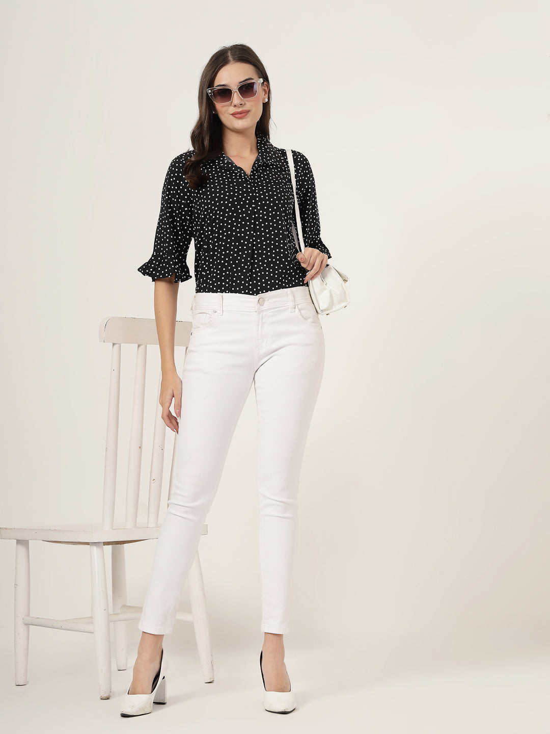 Style Quotient Women black and white Polka Dot Shirt style Top-Tops-StyleQuotient