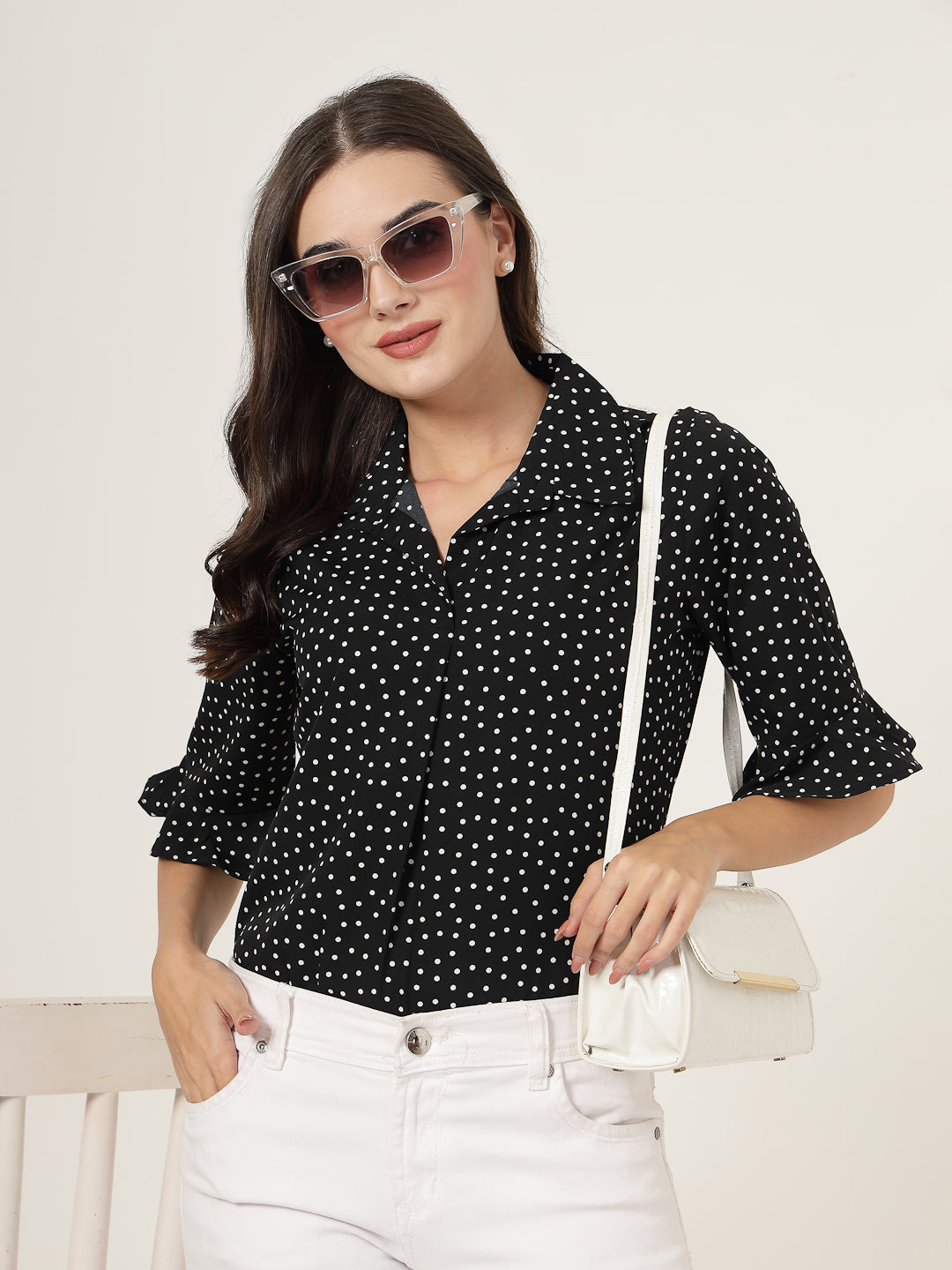 Style Quotient Women black and white Polka Dot Shirt style Top-Tops-StyleQuotient