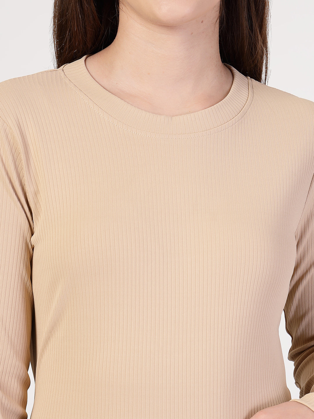 Style Quotient Women Solid Texture Beige Full Sleeve Round Neck Polyester Smart Casual Top-Tops-StyleQuotient