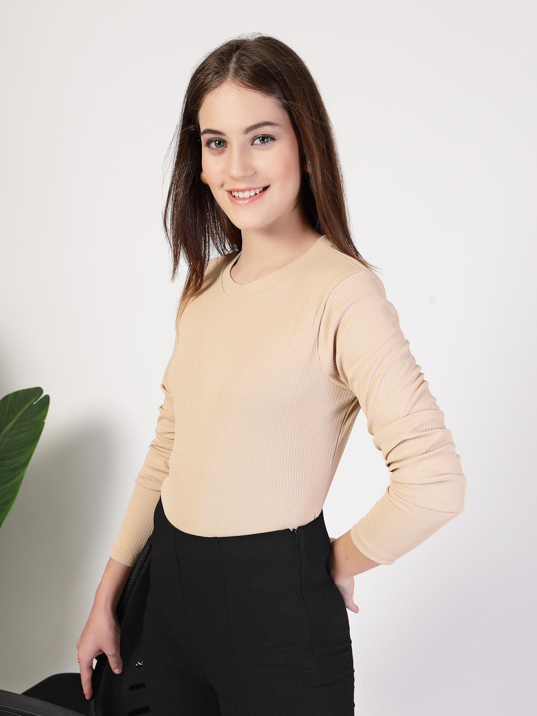 Style Quotient Women Solid Texture Beige Full Sleeve Round Neck Polyester Smart Casual Top-Tops-StyleQuotient