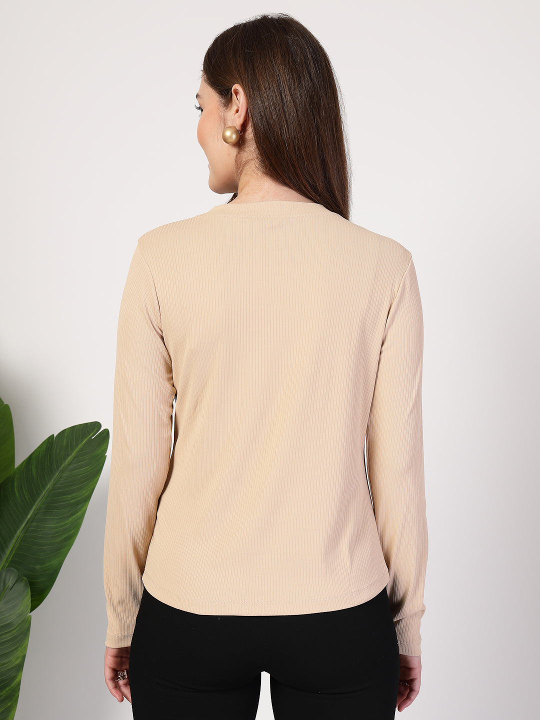 Style Quotient Women Solid Texture Beige Full Sleeve Round Neck Polyester Smart Casual Top-Tops-StyleQuotient