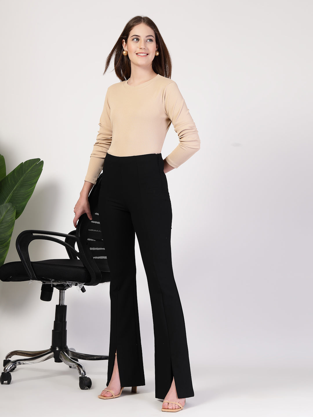 Style Quotient Women Solid Texture Beige Full Sleeve Round Neck Polyester Smart Casual Top-Tops-StyleQuotient