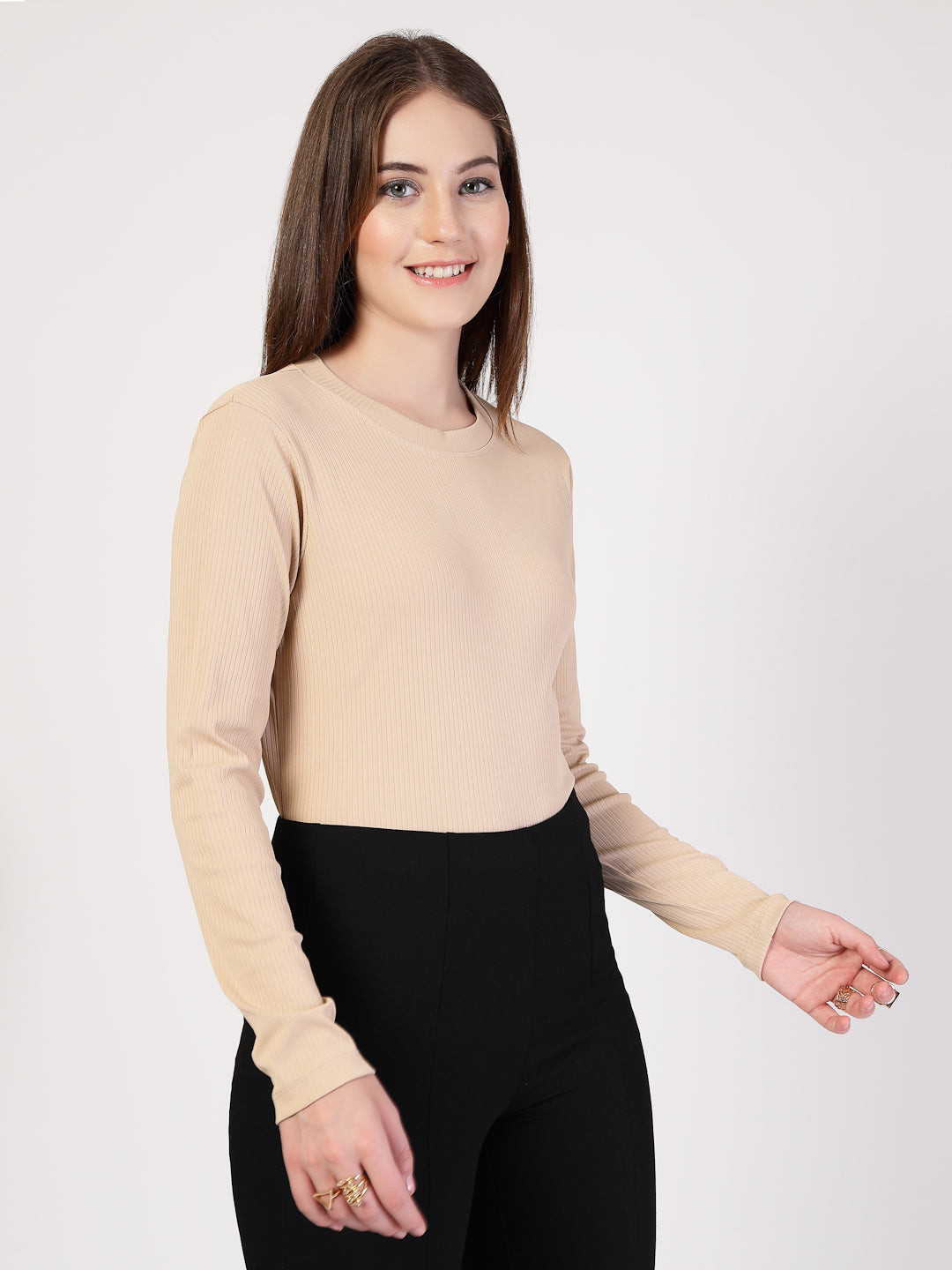 Style Quotient Women Solid Texture Beige Full Sleeve Round Neck Polyester Smart Casual Top-Tops-StyleQuotient