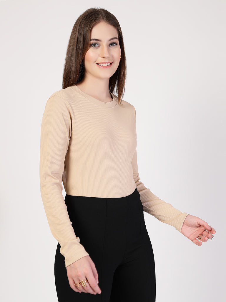 Style Quotient Women Solid Texture Beige Full Sleeve Round Neck Polyester Smart Casual Top-Tops-StyleQuotient