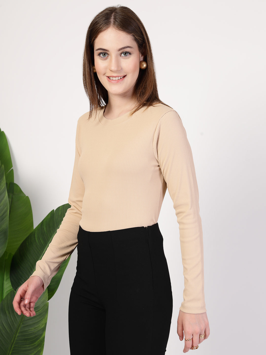 Style Quotient Women Solid Texture Beige Full Sleeve Round Neck Polyester Smart Casual Top-Tops-StyleQuotient