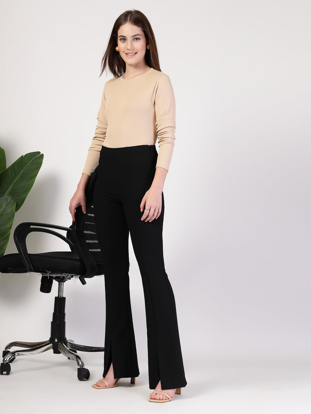 Style Quotient Women Solid Texture Beige Full Sleeve Round Neck Polyester Smart Casual Top-Tops-StyleQuotient