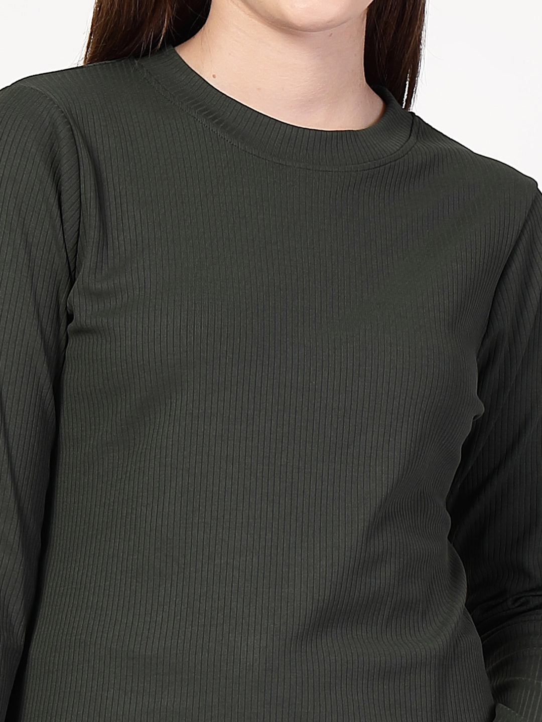 Style Quotient Women Solid Texture Olive Full Sleeve Round Neck Polyester Smart Casual Top-Tops-StyleQuotient