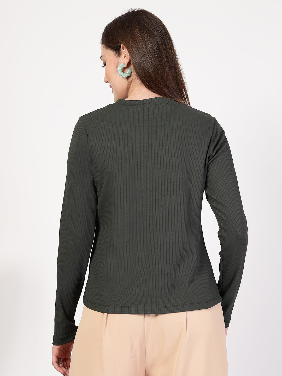 Style Quotient Women Solid Texture Olive Full Sleeve Round Neck Polyester Smart Casual Top-Tops-StyleQuotient
