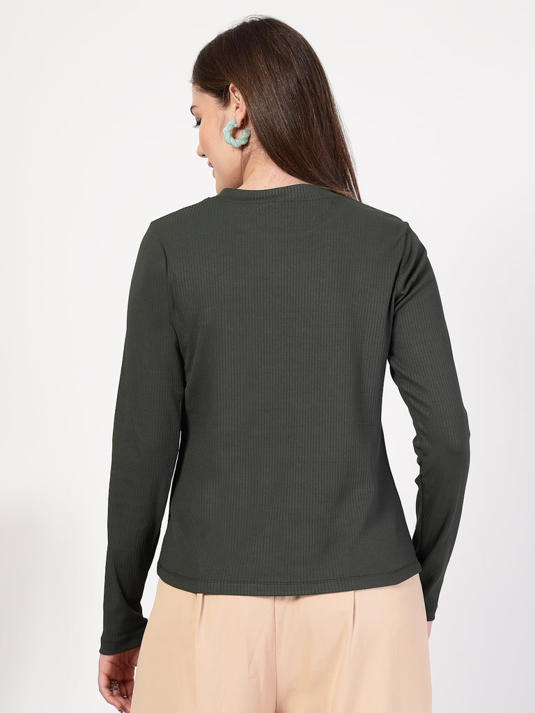 Style Quotient Women Solid Texture Olive Full Sleeve Round Neck Polyester Smart Casual Top-Tops-StyleQuotient