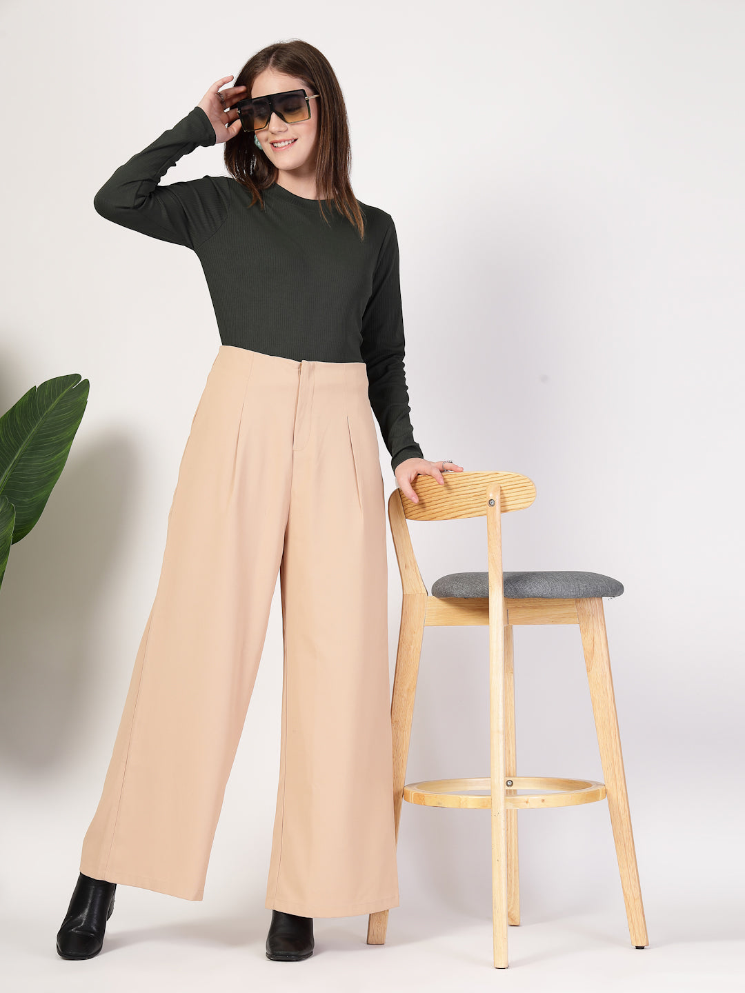 Style Quotient Women Solid Texture Olive Full Sleeve Round Neck Polyester Smart Casual Top-Tops-StyleQuotient