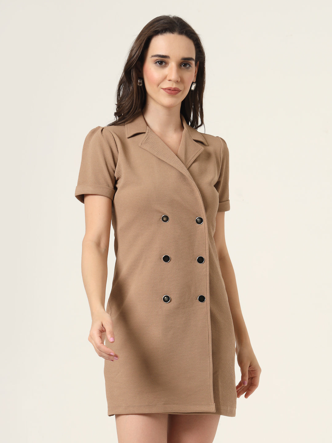 Style Quotient Women Solid Brown Texture Polyester Regular Fit Semi Formal Blazer Dress-Dresses-StyleQuotient