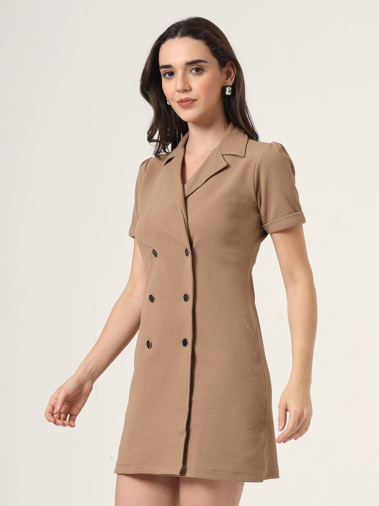 Style Quotient Women Solid Brown Texture Polyester Regular Fit Semi Formal Blazer Dress-Dresses-StyleQuotient