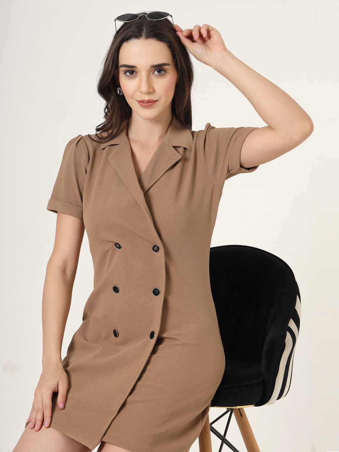 Style Quotient Women Solid Brown Texture Polyester Regular Fit Semi Formal Blazer Dress-Dresses-StyleQuotient