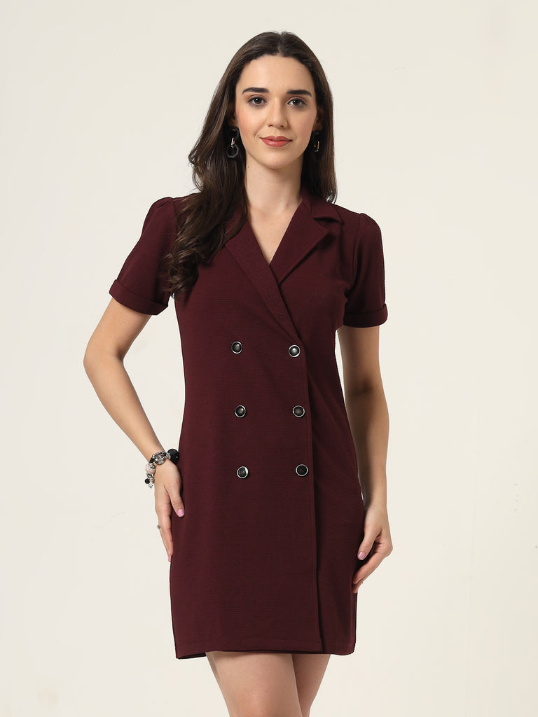 Style Quotient Women Solid Maroon Texture Polyester Regular Fit Semi Formal Blazer Dress-Dresses-StyleQuotient