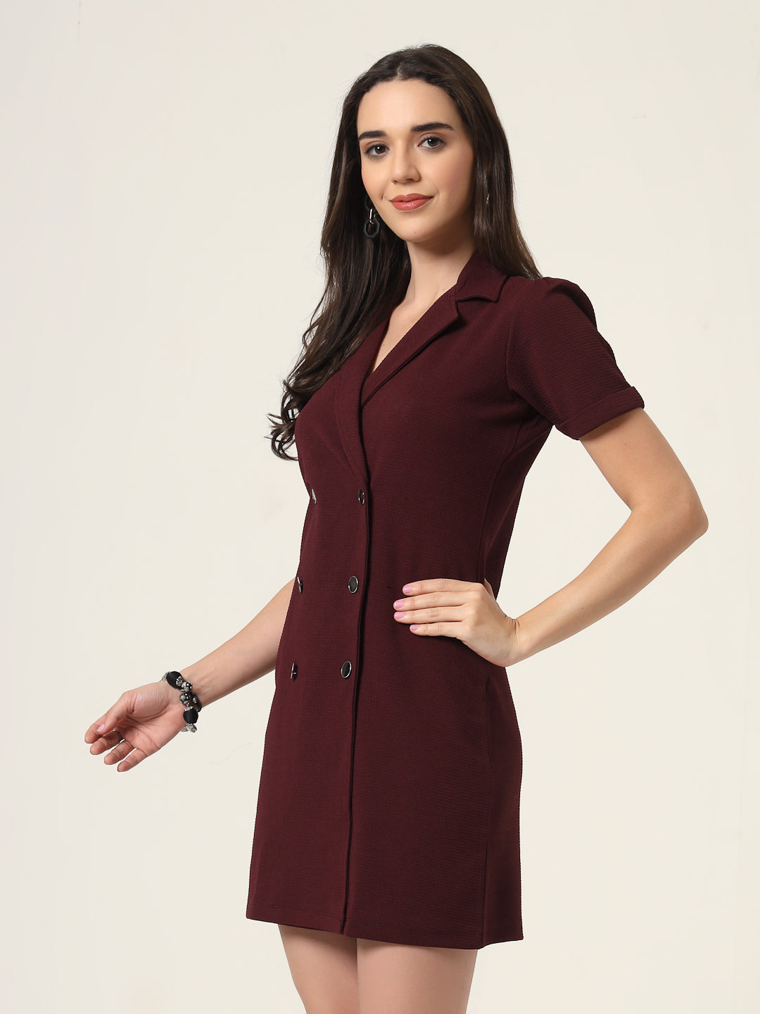 Style Quotient Women Solid Maroon Texture Polyester Regular Fit Semi Formal Blazer Dress-Dresses-StyleQuotient