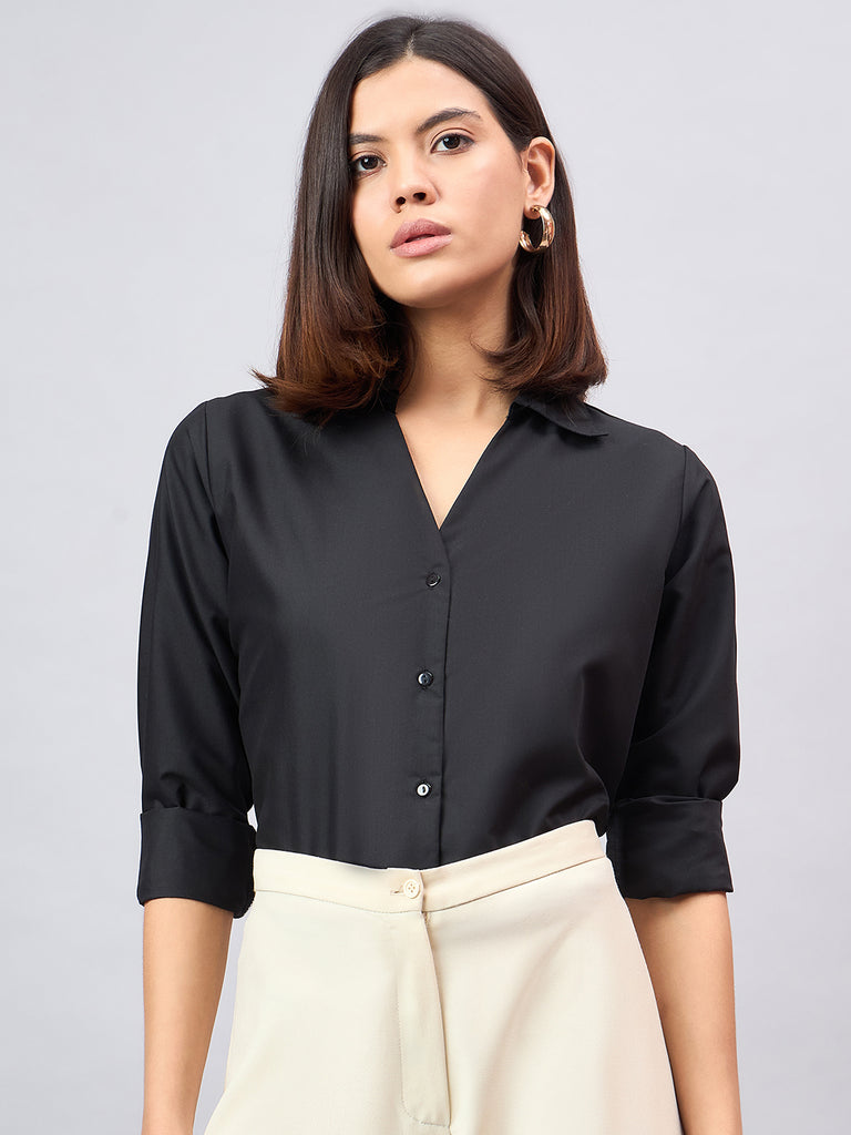 Style Quotient Women Black Solid Formal Shirt-Shirts-StyleQuotient