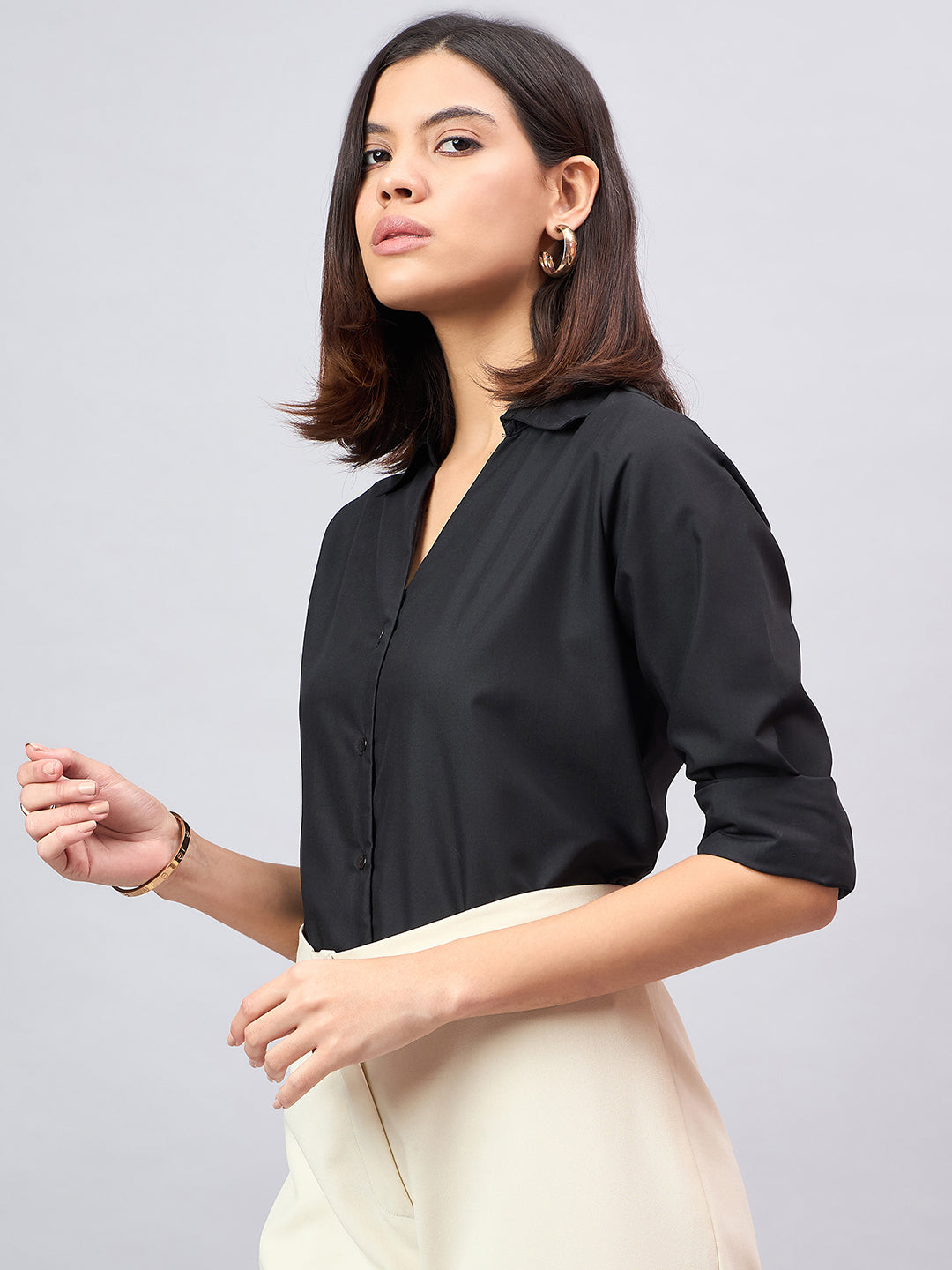 Style Quotient Women Black Solid Formal Shirt-Shirts-StyleQuotient