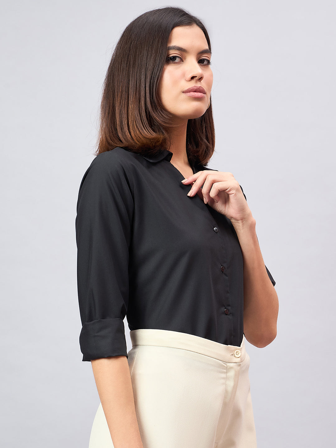 Style Quotient Women Black Solid Formal Shirt-Shirts-StyleQuotient