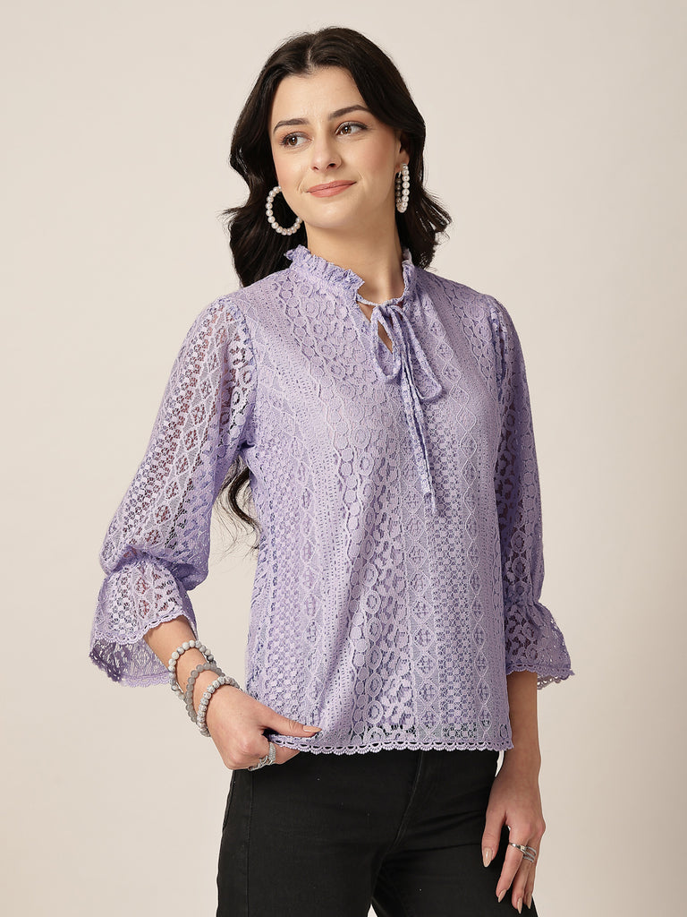 Style Quotient Women Lavender Lace Top-Tops-StyleQuotient