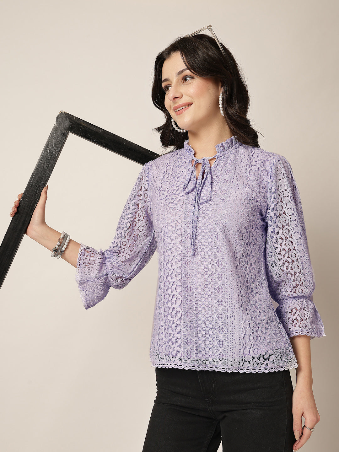 Style Quotient Women Lavender Lace Top-Tops-StyleQuotient