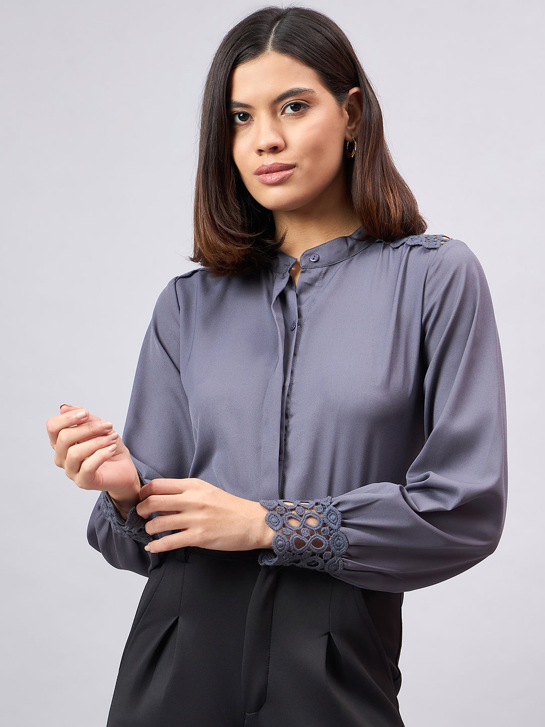 Style Quotient Women Solid Grey Polymoss Regular Fit Formal Shirt-Shirts-StyleQuotient